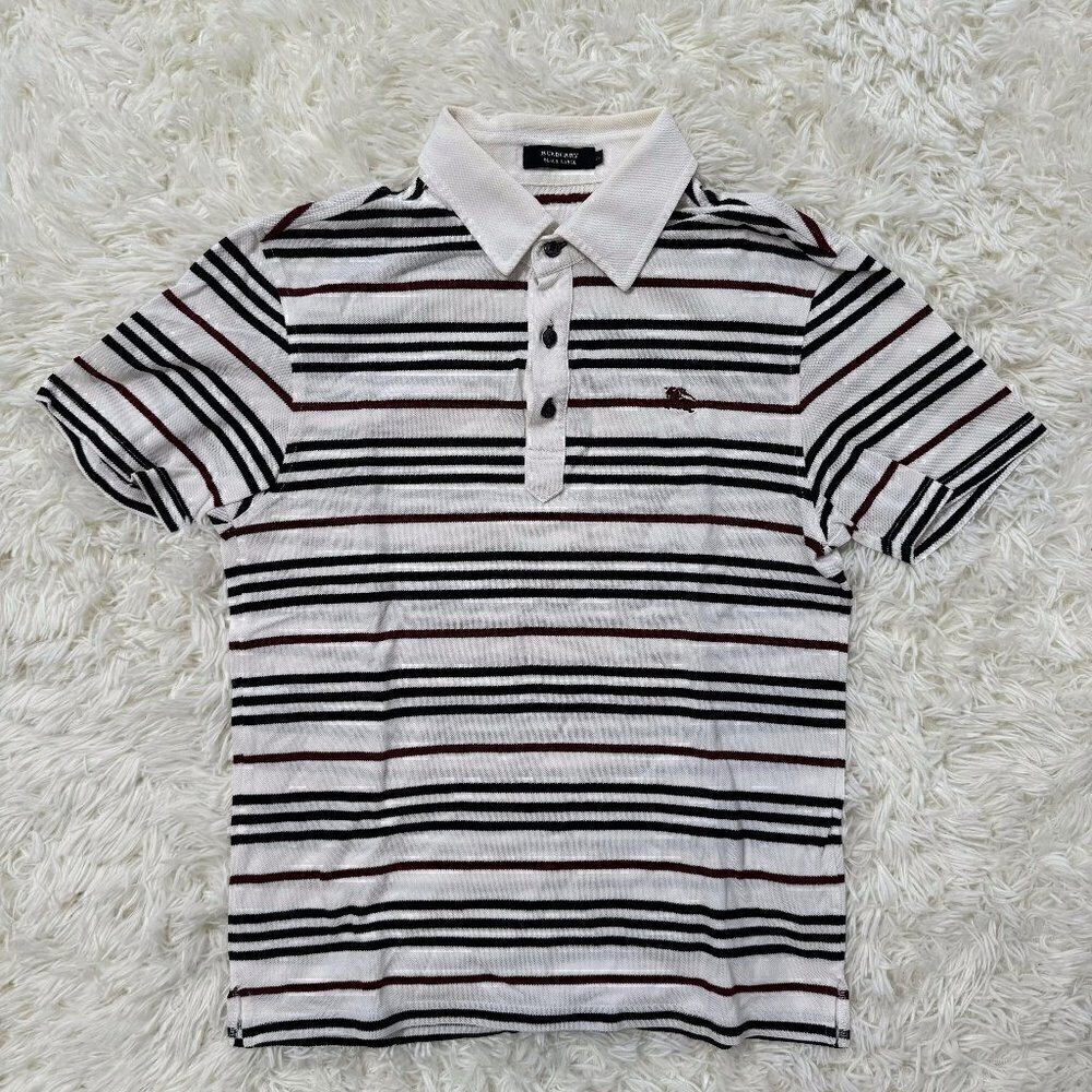 Burberry White Black and Brown Striped Short Sleeve Polo